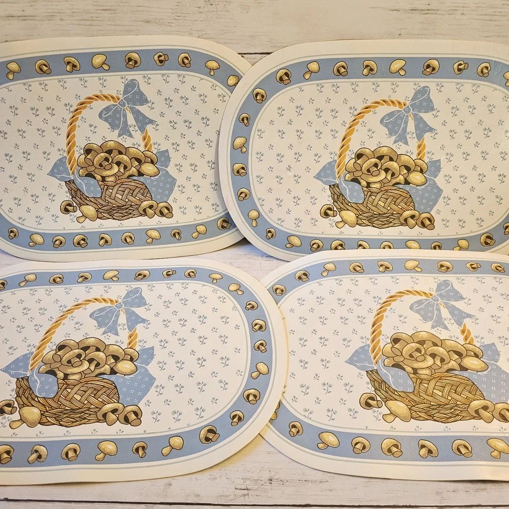 Vintage‎ Mushroom Vinyl Placemat Set of 4 Blue White Cottagecore Country Kitchen